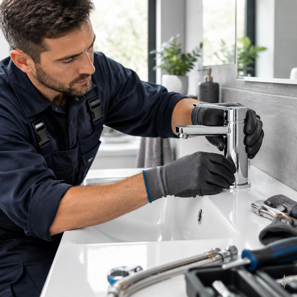 Plumber carefully installing a modern faucet in a bright bathroom — illustrative photo